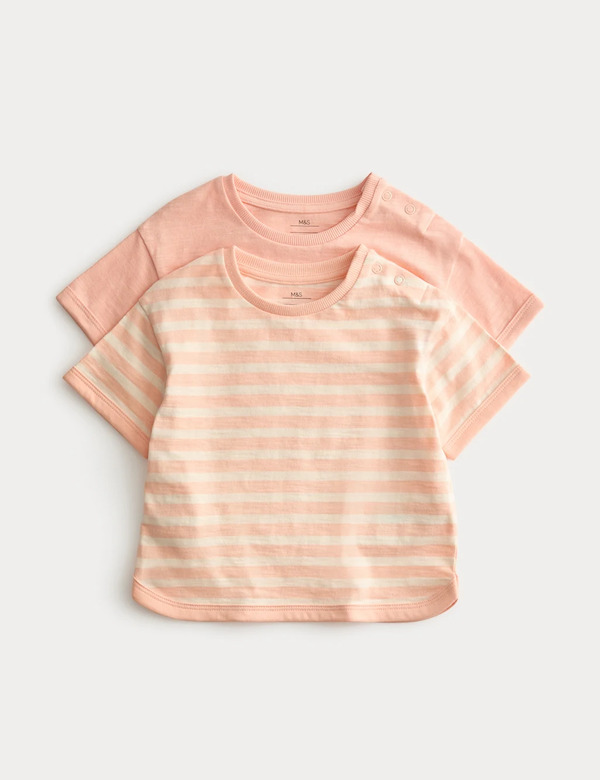  M&s 2 Pack Pure Cotton Patterned Tops (0-5 Yrs) Peach Mix 