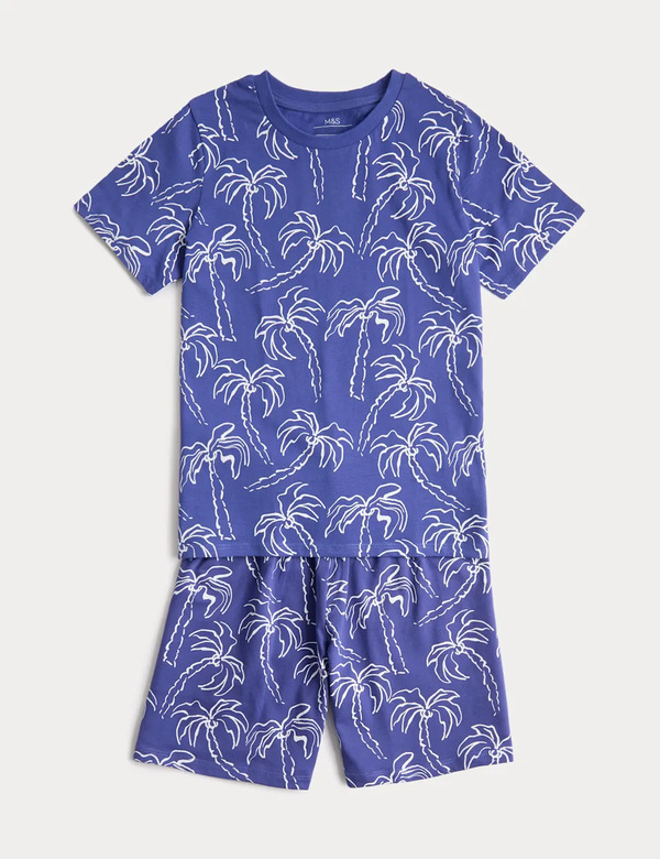  M&s Palm Tree Graphic Short Pyjamas (1-16 Yrs) Blue 