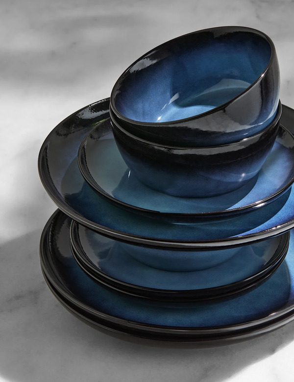 M&s 12 Piece Amberley Reactive Dinner Set Navy 