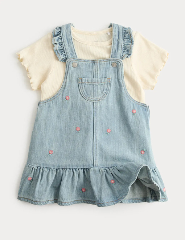  M&s 2 Piece Denim Embroidered Pinny Outfit (0-5 Yrs) Denim Mix 
