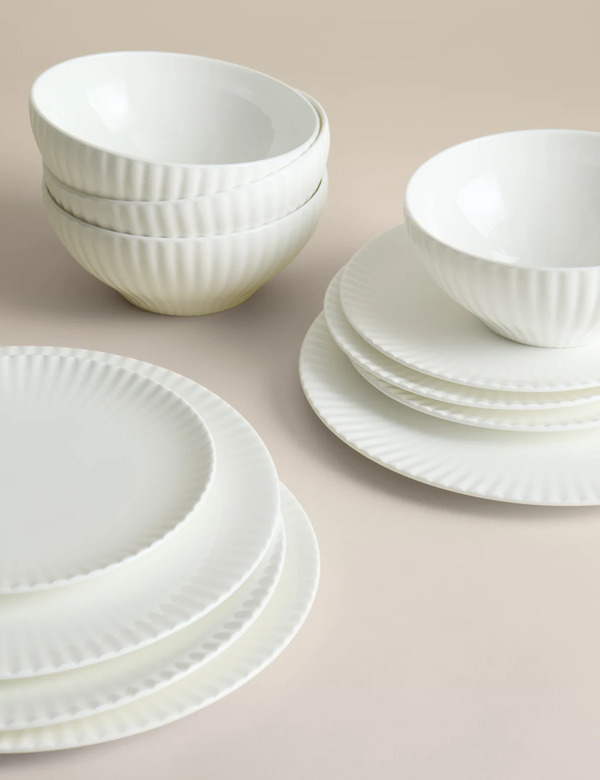  M&s 12 Piece Fluted Hampton Dinner Set White 