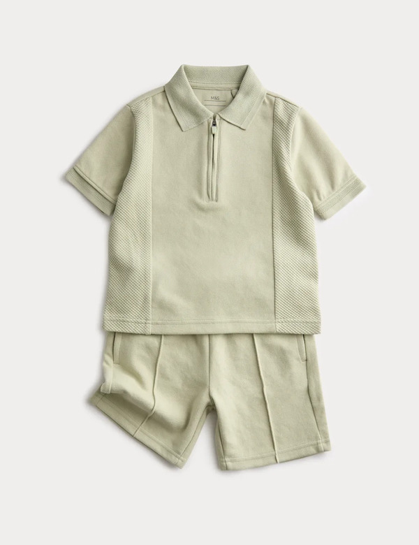  M&s 2 Piece Pique Polo & Short Set (1-8 Yrs) Light Green 