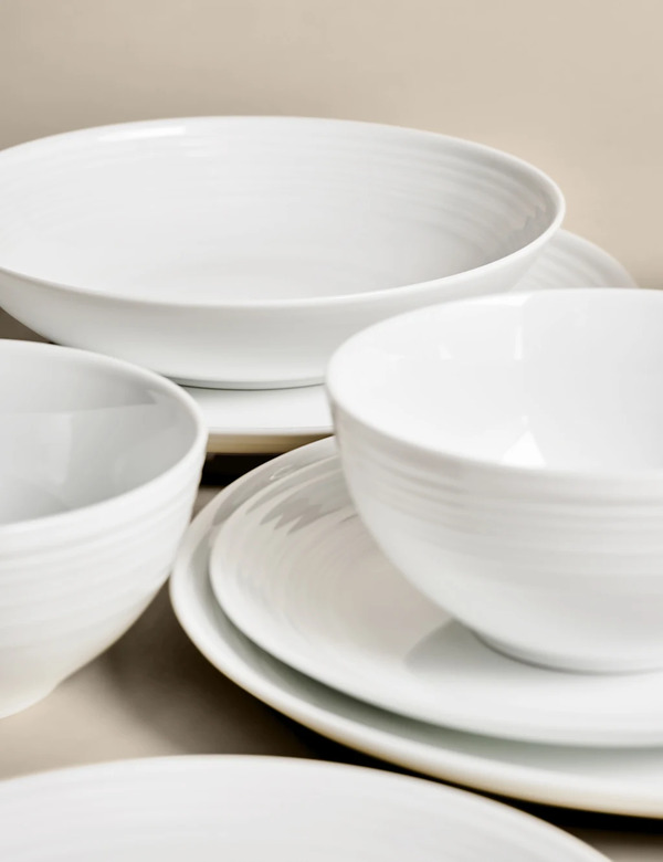 M&s 16 Piece Ribbed Porcelain Dinner Set White 
