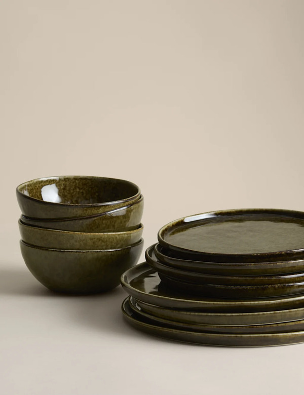  M&s 12 Piece Stoneware Dinner Set Khaki 