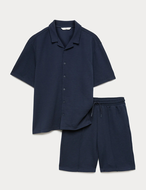 M&s 2 Piece Textured Shirt & Shorts Set (6-16 Yrs) Navy 