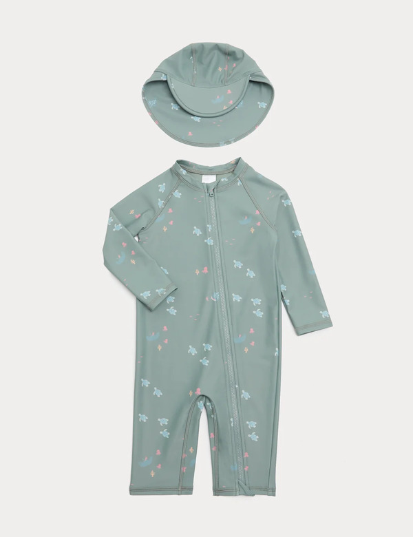 M&s Printed All In One Swimsuit With Hat (0-5 Yrs) Multi 