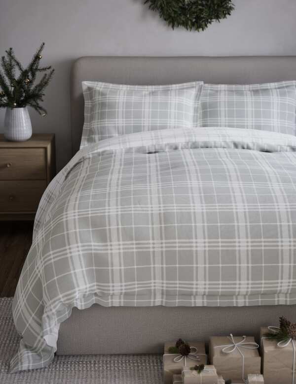  M&s Pure Brushed Cotton Checked Bedding Set Grey Mix 