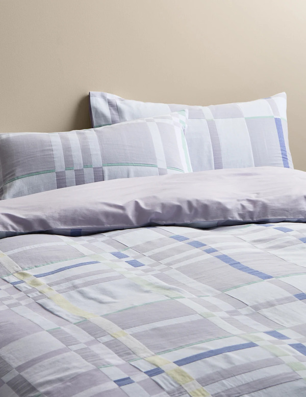  M&s Pure Cotton Abstract Checked Bedding Set Lilac Mix 