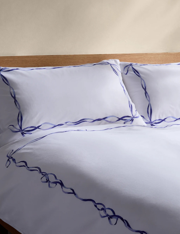  M&s Pure Cotton Bow Border Print Bedding Set Blue 