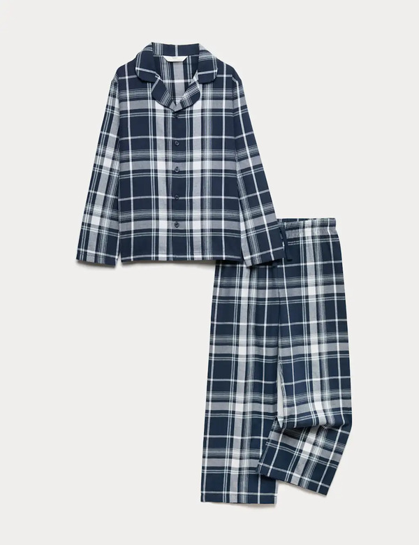  M&s Pure Cotton Checked Pyjamas (6-16 Yrs) Navy 