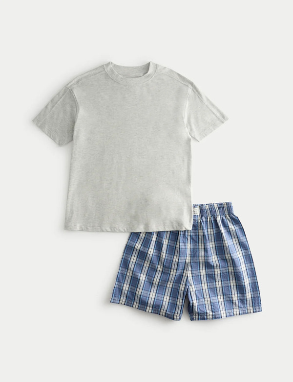  M&s Pure Cotton Checked Short Pyjamas (6-16 Yrs) Blue 