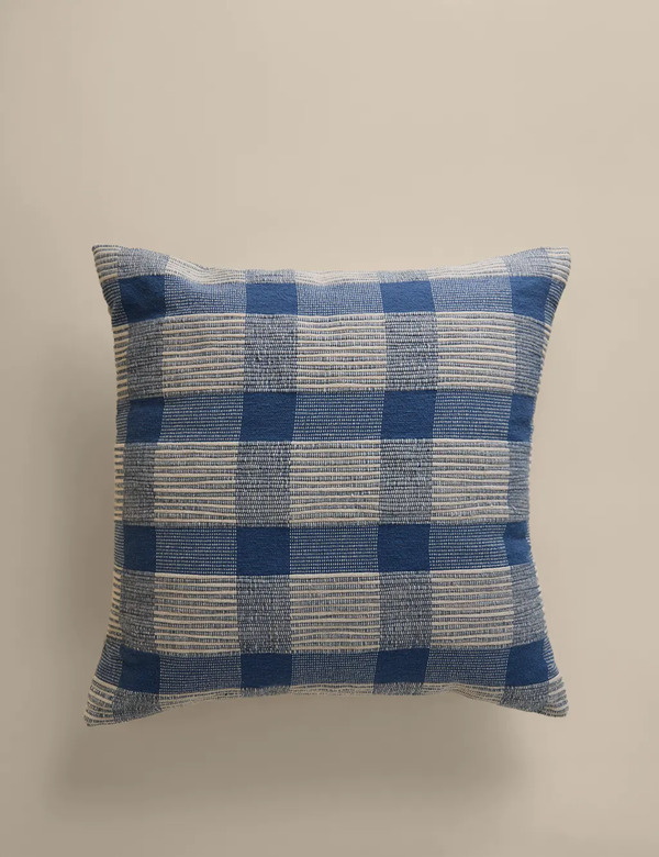  M&s Pure Cotton Checked Textured Cushion Slate Blue 