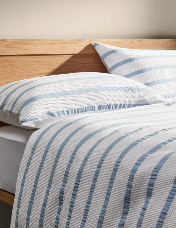  M&s Pure Cotton Contrast Striped Waffle Bedding Set Blue Mix 