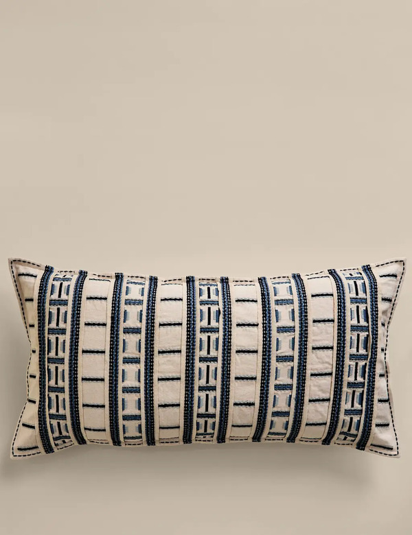  M&s Pure Cotton Embroidered Grid Bolster Cushion Blue Mix 