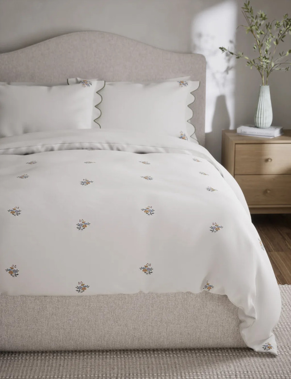  M&s Pure Cotton Floral Embroidered Bedding Set White Mix 