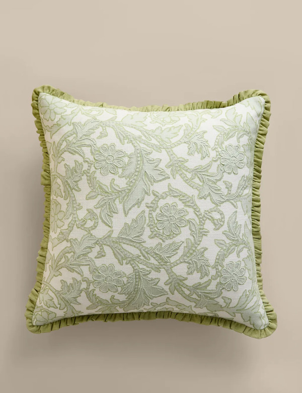 M&s Pure Cotton Floral Embroidered Cushion Green Mix 