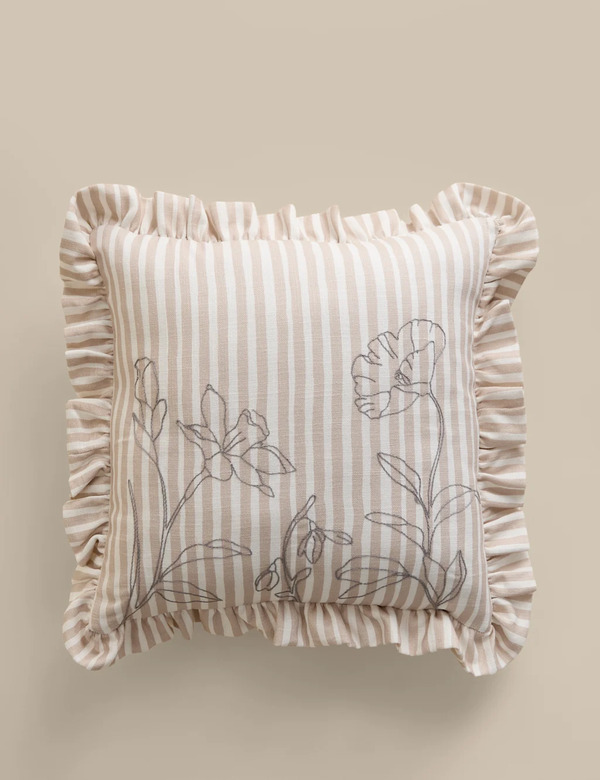  M&s Pure Cotton Floral Embroidered Cushion Natural Mix 
