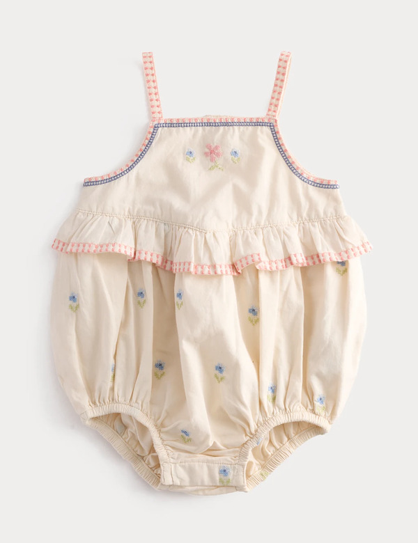  M&s Pure Cotton Floral Embroidery Romper (0-2 Yrs) Light Cream 
