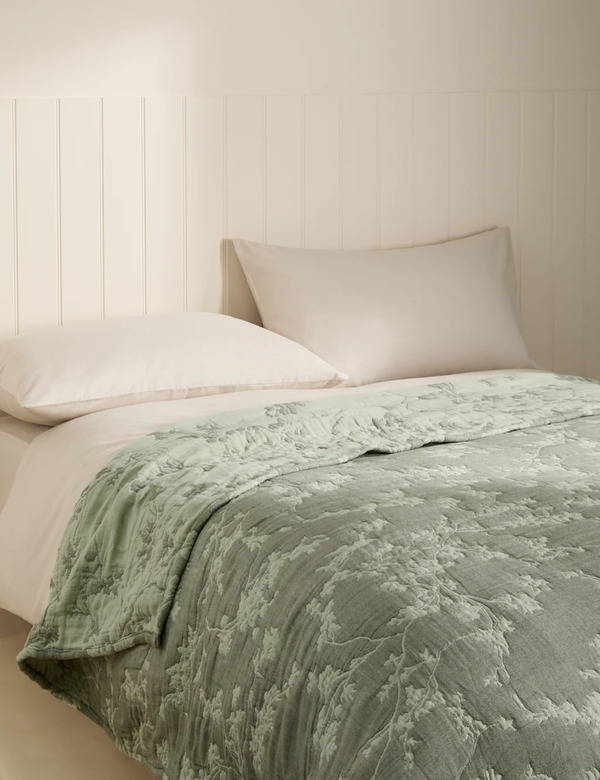  M&s Pure Cotton Floral Jacquard Bedspread Green 