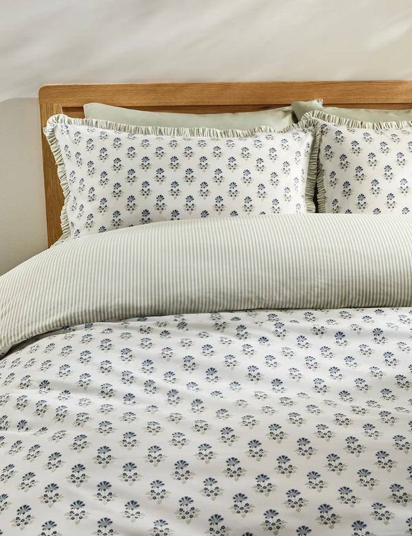  M&s Pure Cotton Floral Ruffle Bedding Set Green Mix 