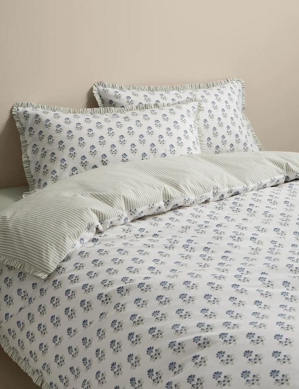  M&s Pure Cotton Floral Ruffle Bedding Set Green Mix 