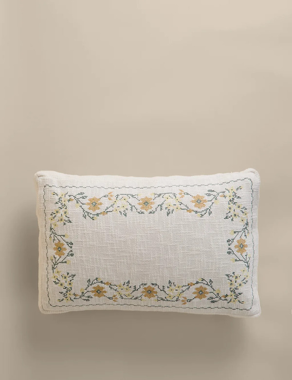  M&s Pure Cotton Floral Stitch Box Cushion Natural Mix 