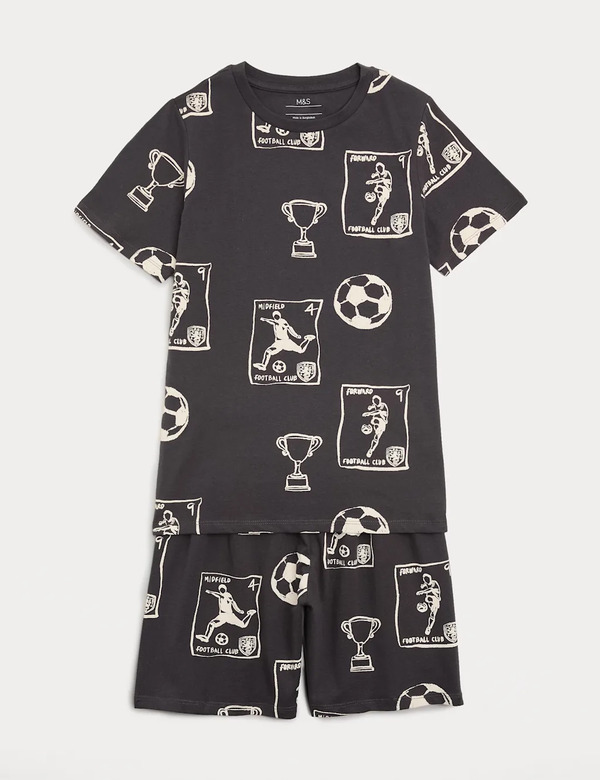  M&s Pure Cotton Football Print Short Pyjamas (1-16 Yrs) Charcoal 