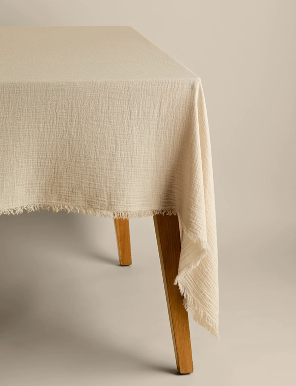  M&s Pure Cotton Frayed Edge Muslin Tablecloth Natural 