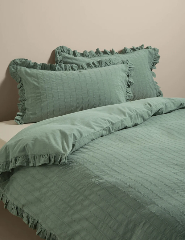  M&s Pure Cotton French Ruffle Embroidery Bedding Set Green 