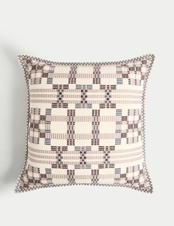  M&s Pure Cotton Geometric Embroidered Cushion Blue Mix 