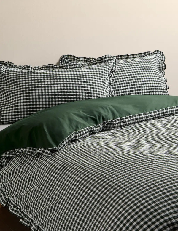  M&s Pure Cotton Gingham Ruffle Bedding Set Green 