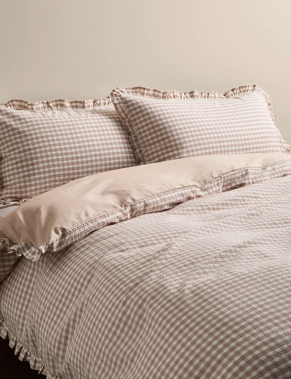  M&s Pure Cotton Gingham Ruffle Bedding Set Natural 