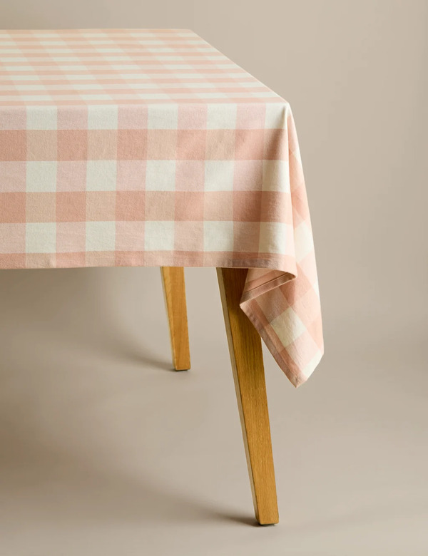  M&s Pure Cotton Gingham Tablecloth Blush Pink 