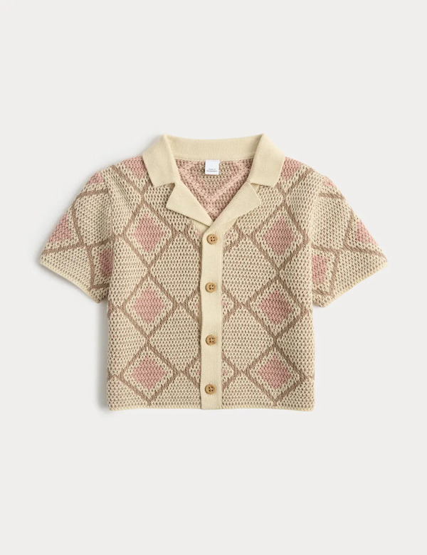  M&s Pure Cotton Knitted Patterned Shirt (0-5 Yrs) Brown 