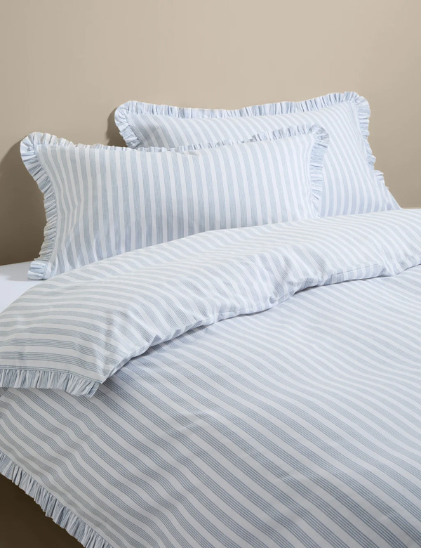  M&s Pure Cotton Narrow Stripe Ruffle Bedding Set Blue Mix 
