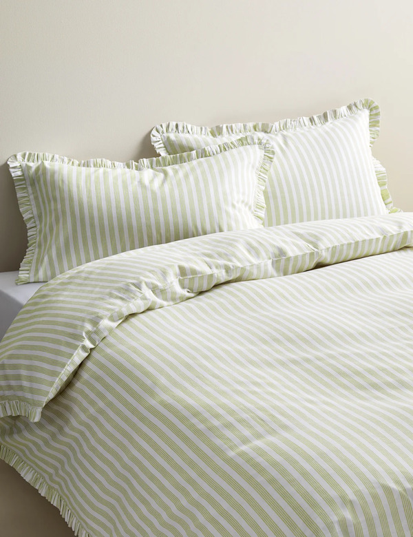  M&s Pure Cotton Narrow Stripe Ruffle Bedding Set Green Mix 
