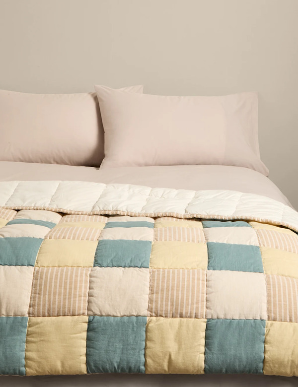  M&s Pure Cotton Patchwork Bedspread Blue Mix 