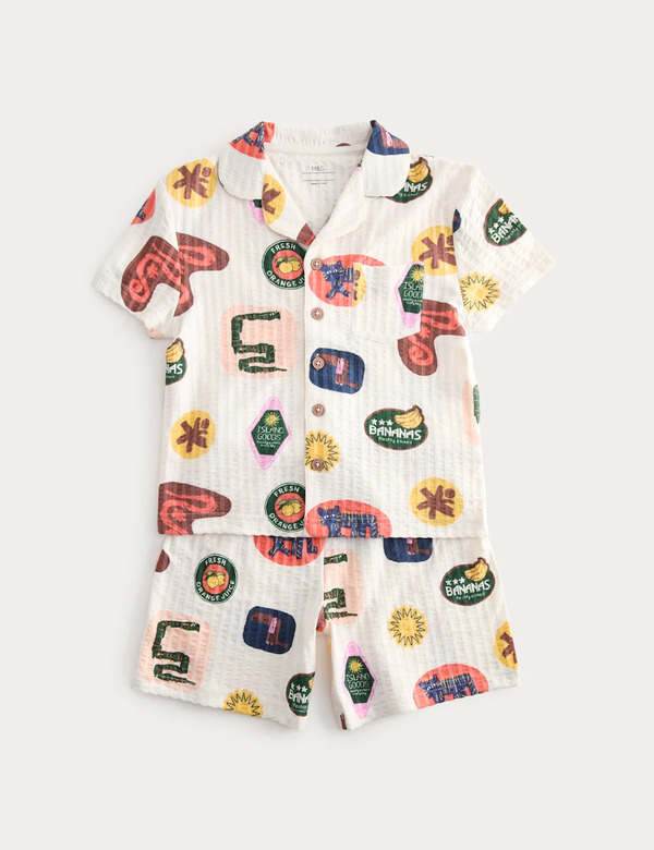  M&s Pure Cotton Patterned Short Pyjamas (1-8 Yrs) Multi 
