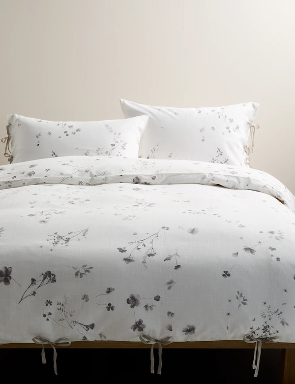  M&s Pure Cotton Pressed Floral Print Bedding Set Grey Mix 