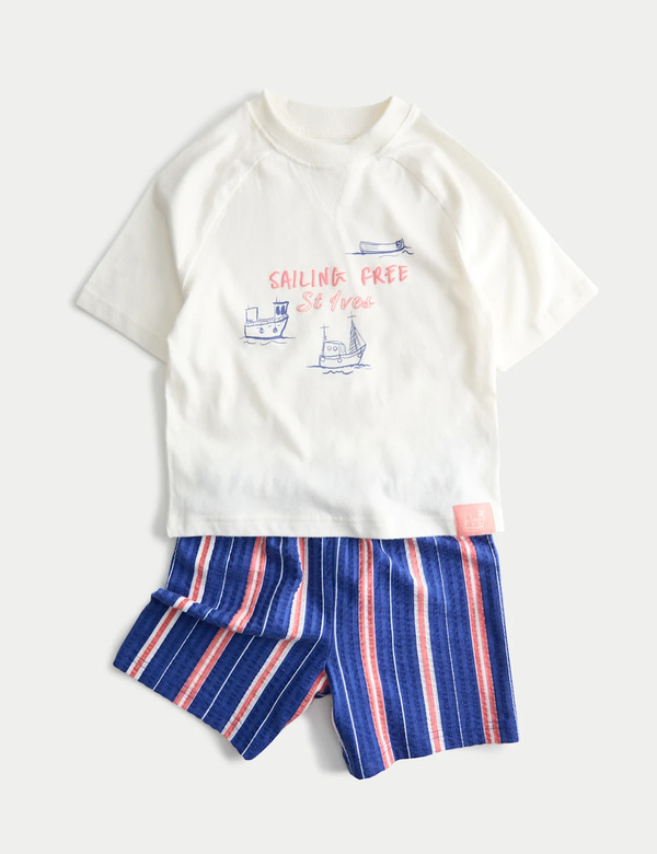  M&s Pure Cotton Sailing Graphic Pyjamas (1-8 Yrs) Mid Blue 