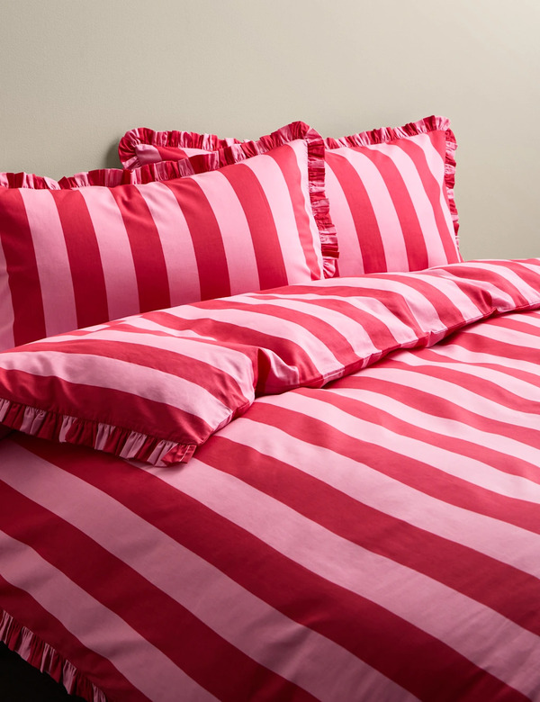  M&s Pure Cotton Striped Ruffle Bedding Set Pink Mix 