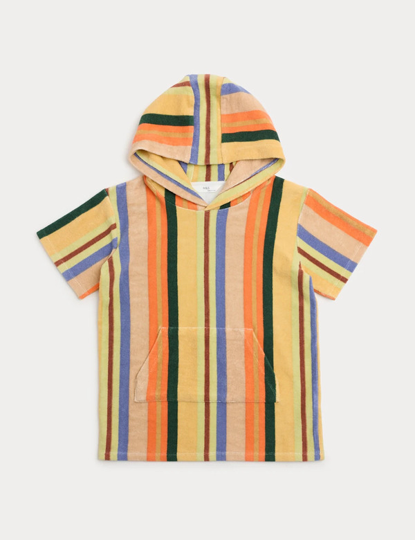  M&s Pure Cotton Striped Towelling Poncho (2-8 Yrs) Multi 
