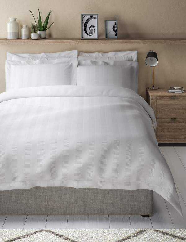  M&s Pure Cotton Striped Waffle Bedding Set White 