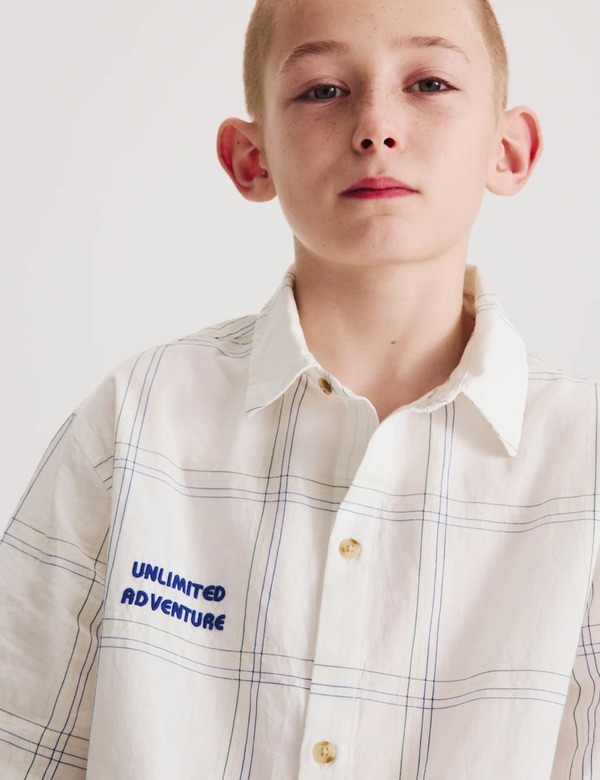  M&s Pure Cotton Textured Check Shirt (6-16 Yrs) Ivory 