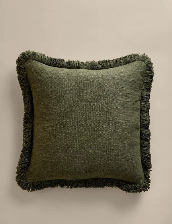  M&s Pure Cotton Textured Fringe Cushion Khaki 