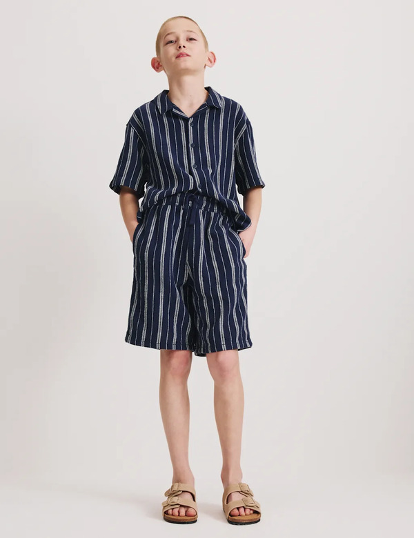  M&s Pure Cotton Textured Striped Shorts (6-16 Yrs) Navy 