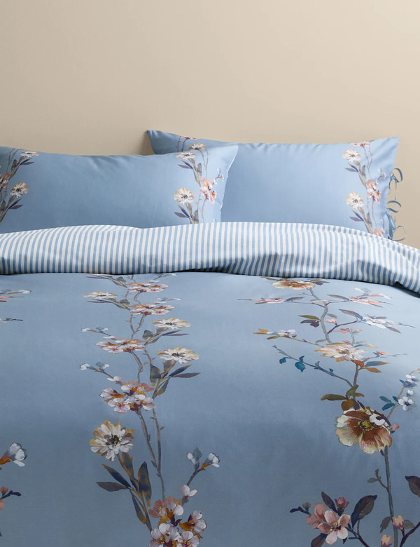  M&s Pure Cotton Trailing Blooms Bedding Set Blue Mix 