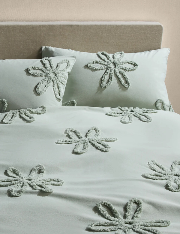  M&s Pure Cotton Tufted Floral Bedding Set Green 