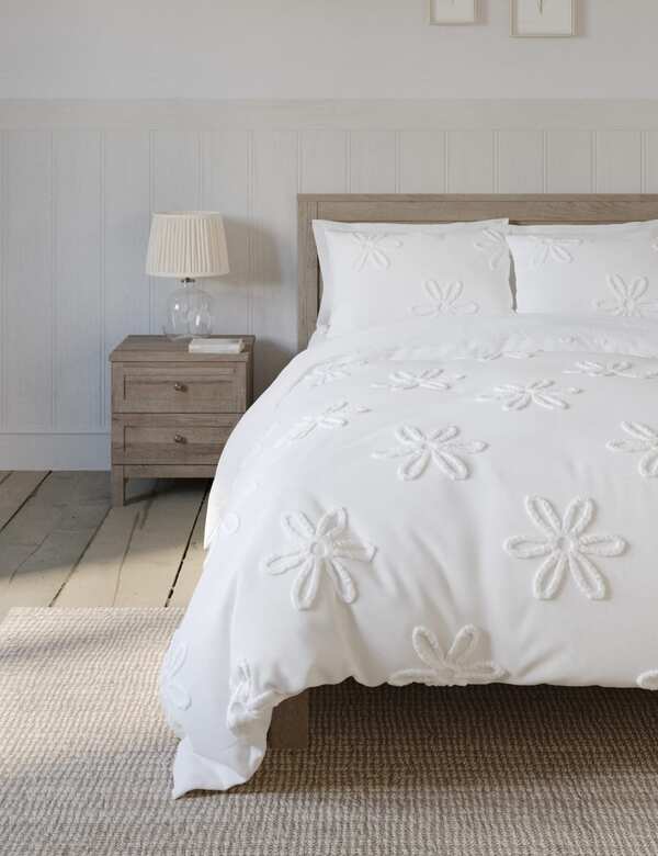  M&s Pure Cotton Tufted Floral Bedding Set White 