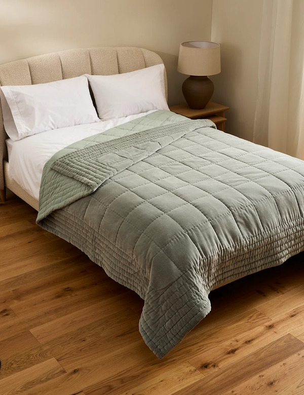  M&s Pure Cotton Velvet Bedspread Sage 
